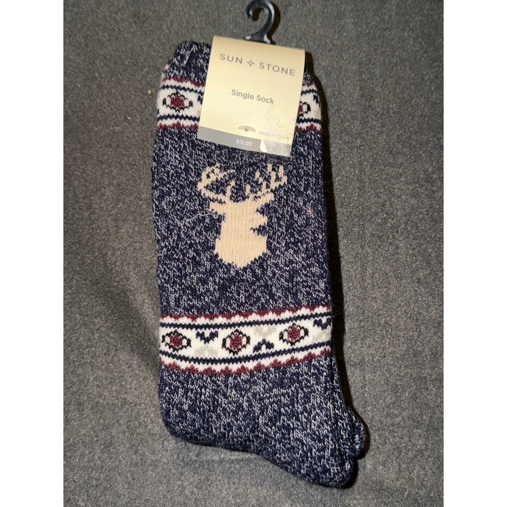 Sun + Stone Mens Reindeer Fair Isle Slipper Socks Navy Blue Non-Slip Shoe 6-12